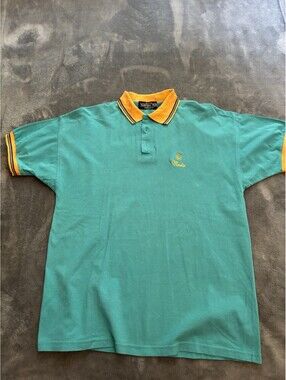 Men’s Polo Hunters Run Size L Teal Knit Malta Logo Yellow Trim Vintage 1980s